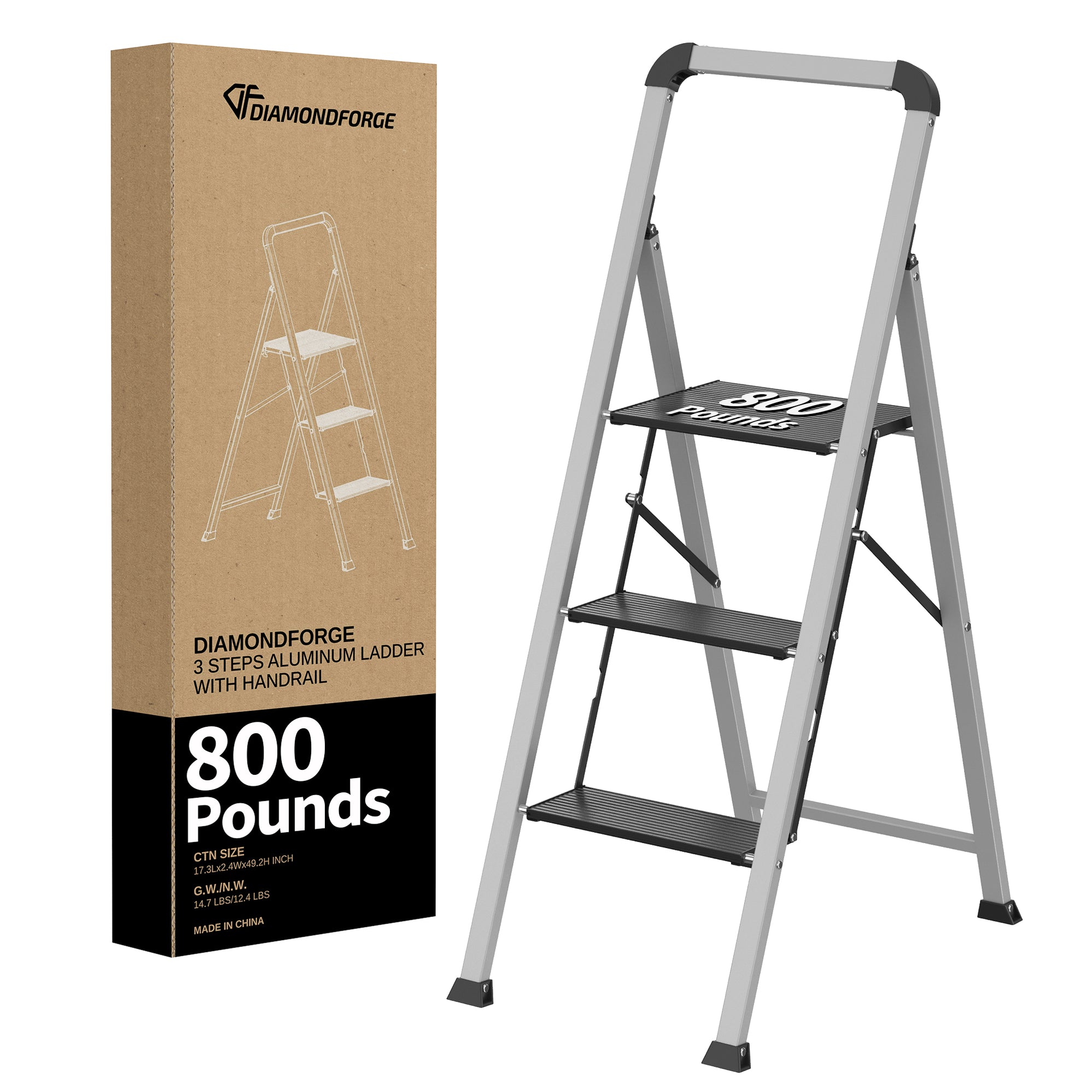 DIAMONDFORGE 3 Step Ladder,800 lbs Capacity Aluminum Ladder, Folding S ...