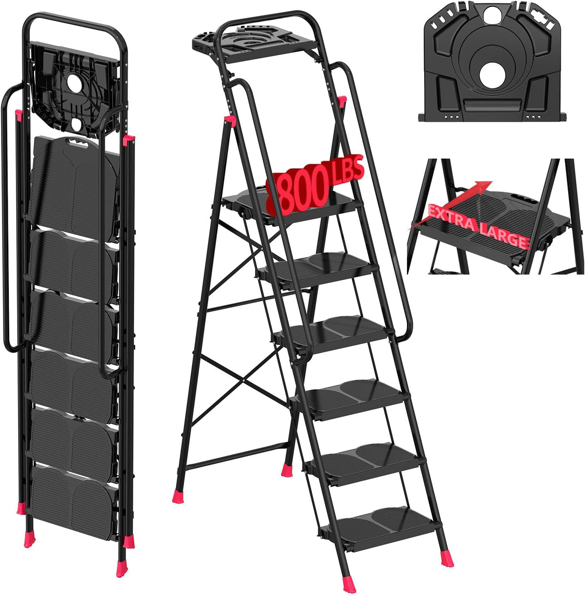 6 Step Foldable Step Ladder Stool with Roomy Tool Tray and Secure Hand ...