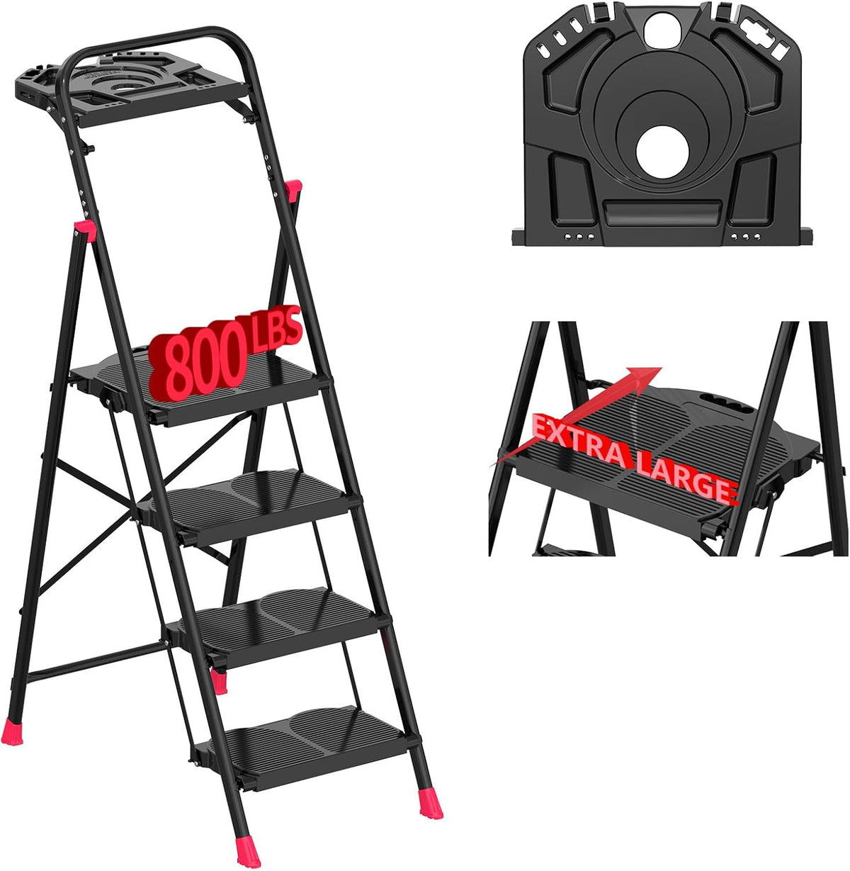 4 Step Foldable Step Ladder with Roomy Tool Tray, Platform Ladders Ste ...